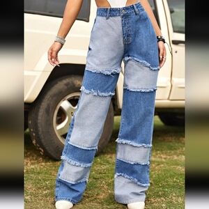 Shein jeans,denim pants,size L,high waist, fringe design with patch 100% cotton.